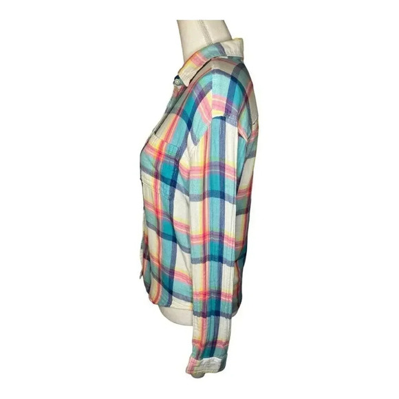 American Eagle Women’s Small Pastel Plaid Boyfriend Fit Button Down Top - Picture 2 of 7